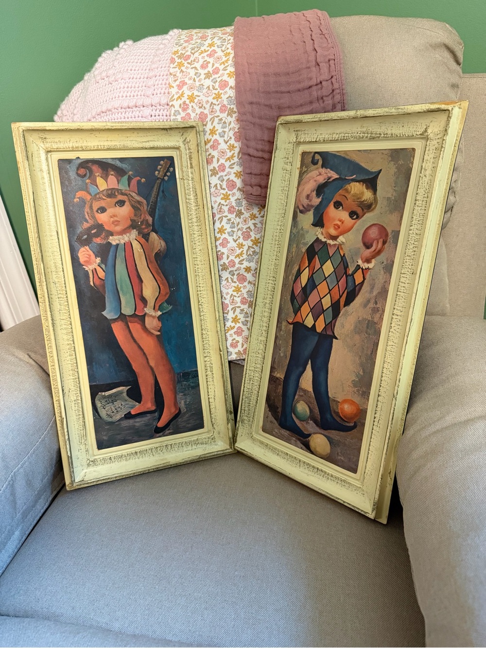 Vintage Pair of Goji Big Eye Harlequin Children Wall Art in Pale Yellow Frames